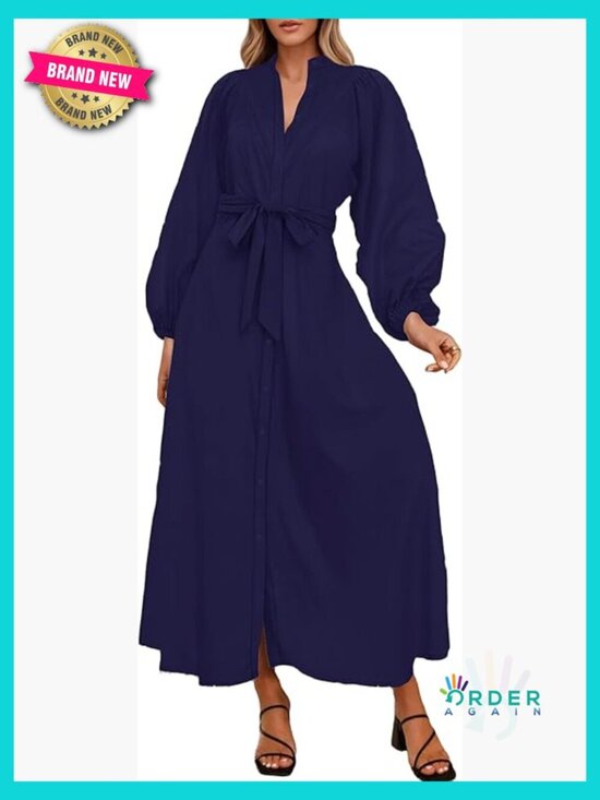 Dresses & Skirts - Boho Floral Maxi Dress Long Sleeve Button Down Belted with Pockets Loose Fit
